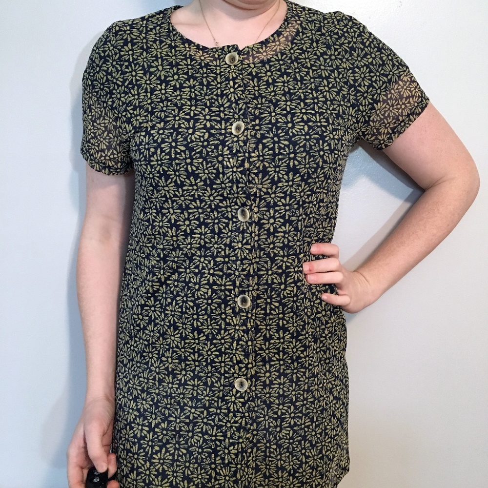 Vintage Coral Key Button-upTropical Dress, M